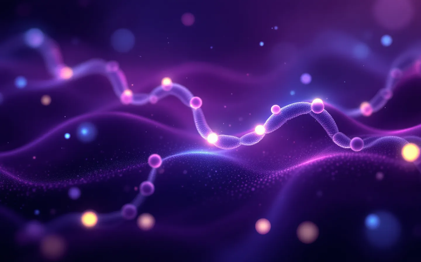Abstract illustration of a five-node synthetic peptide chain on a deep aubergine field